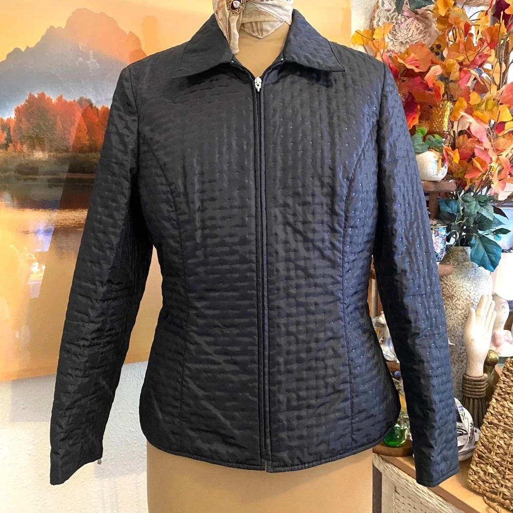 Talbots Quilted Jacket Vintage Dark Academia Outerwear Women 8 Black Zip Up